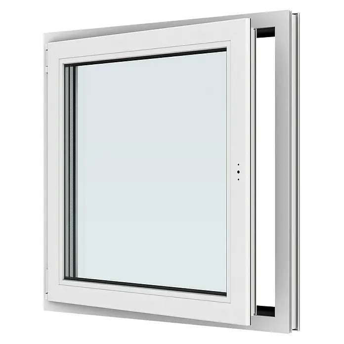 Solid Elements Kunststofffenster New Basic - 90 x 90 cm, Verglasung: 3-fach, DIN Anschlag: Links, Weiß - Bild eines weißen Schiebefensters, teilweise geöffnet, das moderne Design und Funktionalität für helle und belüftete Innenräume bietet.