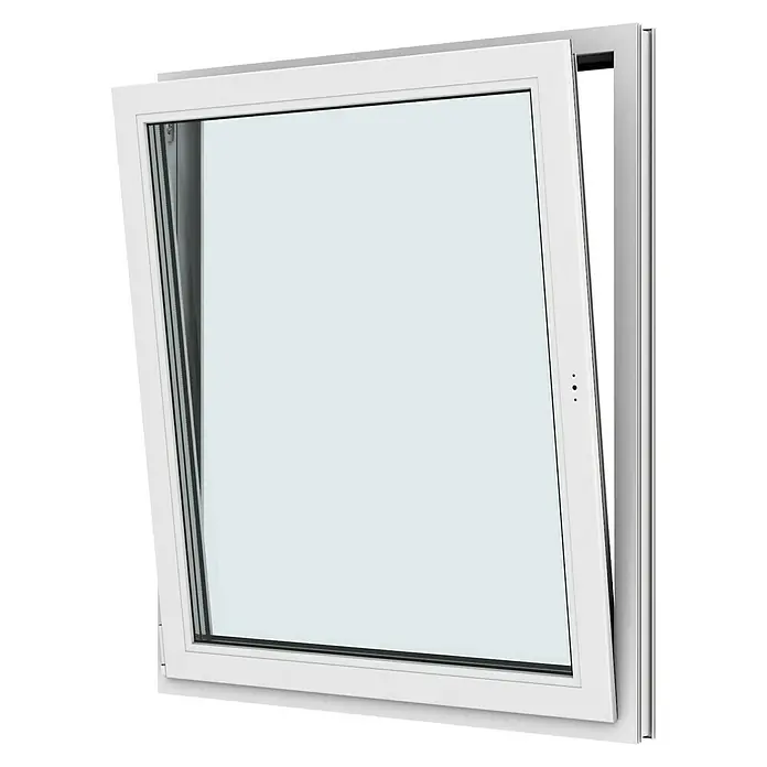 Solid Elements Kunststofffenster New Basic - 105 x 120 cm, Verglasung: 3-fach, DIN Anschlag: Links, Weiß - Dreh-Kipp-Fenster mit weißem Rahmen, geöffnet zur Belüftung. Ideal für moderne Wohnräume, bietet Komfort und Funktionalität.