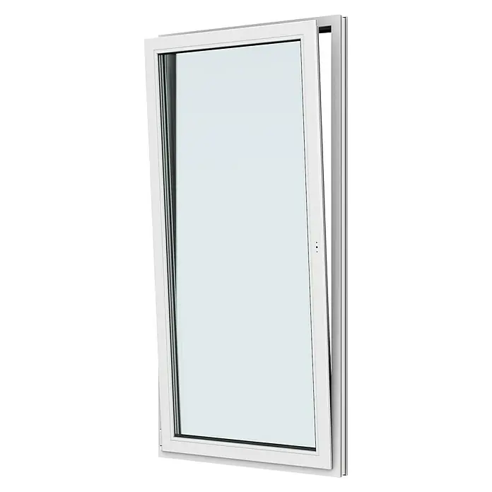 Solid Elements Balkontür New Basic - 100 x 200 cm, Verglasung: 3-fach, DIN Anschlag: Links, Weiß - Ein weißes Dreh-Kipp-Fenster, das teilweise geöffnet ist, zeigt seine Funktionalität und sein modernes Design.