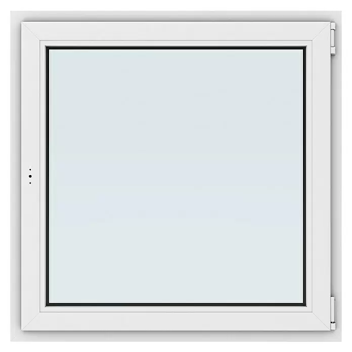 Solid Elements Kunststofffenster Basic - 100 x 100 cm, Verglasung: 3-fach, DIN Anschlag: Rechts, Außen: Anthrazit Sandstruktur, Innen: Weiß - Weißes quadratisches Fenster mit Klarglas, Scharnieren rechts und Griff/Verriegelungspunkten links.
