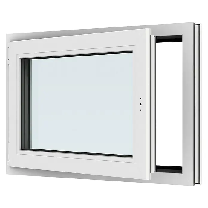 Solid Elements Kunststofffenster New Basic - 90 x 60 cm, Verglasung: 3-fach, DIN Anschlag: Links, Weiß - Nahaufnahme eines weißen Drehkippfensters, das teilweise geöffnet ist. Das Fenster zeichnet sich durch sein modernes Design und die klare Linienführung aus.