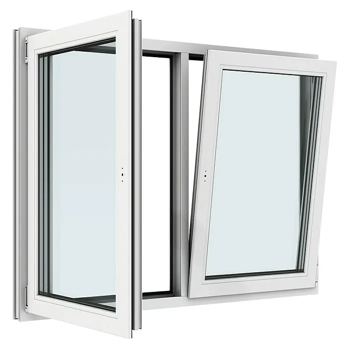 Solid Elements Kunststofffenster New Basic - 120 x 110 cm, Verglasung: 3-fach, Dreh Links/Dreh-Kipp Rechts, Weiß - Fenster mit zwei Flügeln, einer ist gekippt und der andere zur Seite geöffnet, was eine gute Belüftung ermöglicht und das moderne Design hervorhebt.