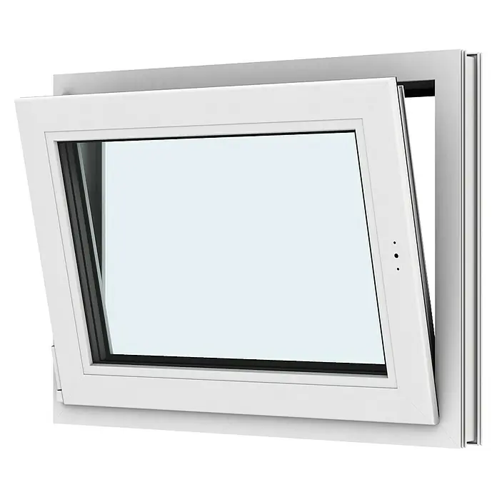 Solid Elements Kunststofffenster New Basic - 80 x 60 cm, Verglasung: 3-fach, DIN Anschlag: Links, Weiß - Ein weißes, kippbares Fenster mit schwarzem Rahmen, das teilweise geöffnet ist und einen Blick nach draußen freigibt.