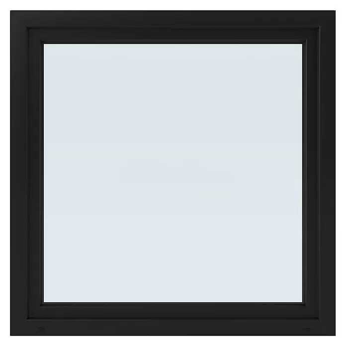 Solid Elements Kunststofffenster Basic - 120 x 120 cm, Verglasung: 3-fach, DIN Anschlag: Links, Außen: Anthrazit Sandstruktur, Innen: Weiß - Quadratisches Fenster mit schwarzem Rahmen und klarer Glasscheibe.