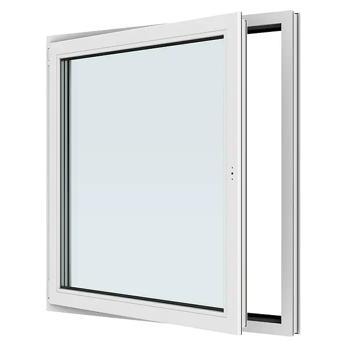 Solid Elements Kunststofffenster New Basic - 120 x 120 cm, Verglasung: 3-fach, DIN Anschlag: Links, Weiß - Nahaufnahme eines modernen weißen Schiebefensters mit klarem Glas, das einen hellen und luftigen Raum verspricht.