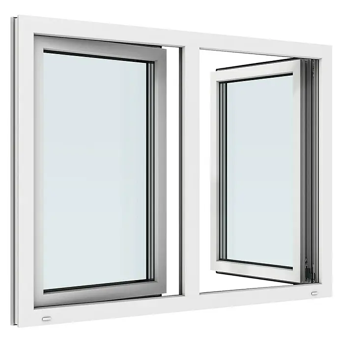 Solid Elements Kunststofffenster New Basic - 120 x 110 cm, Verglasung: 3-fach, Dreh Links/Dreh-Kipp Rechts, Weiß - Ein modernes Fenster mit zwei Flügeln, eines davon gekippt, in einem strahlenden Weiß. Die klaren Linien unterstreichen das elegante Design.