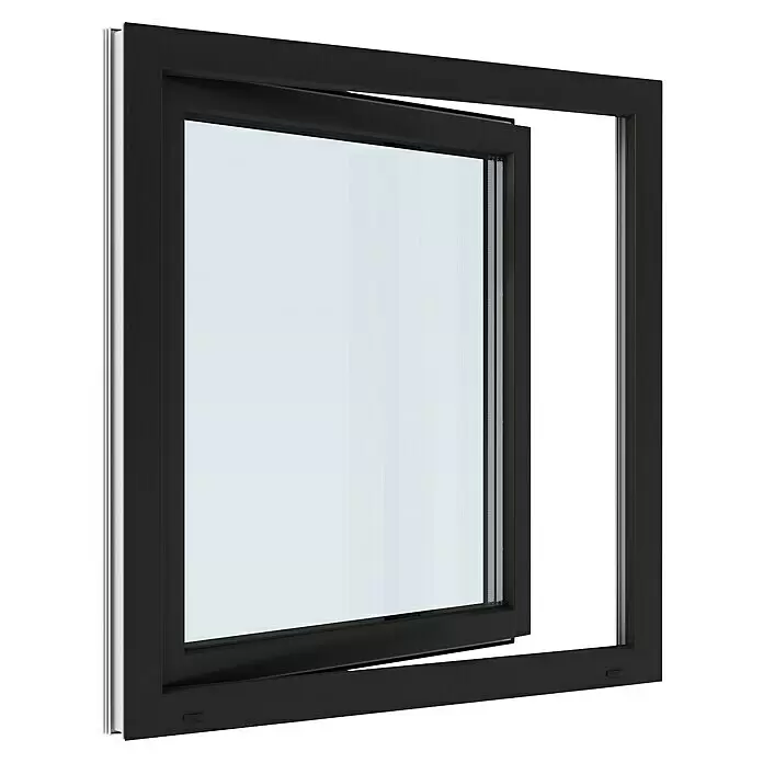 Solid Elements Kunststofffenster Basic - 100 x 100 cm, Verglasung: 3-fach, DIN Anschlag: Rechts, Außen: Anthrazit Sandstruktur, Innen: Weiß - Schwarzes Dreh-Kipp-Fenster mit Glasscheibe, teilweise geöffnet.
