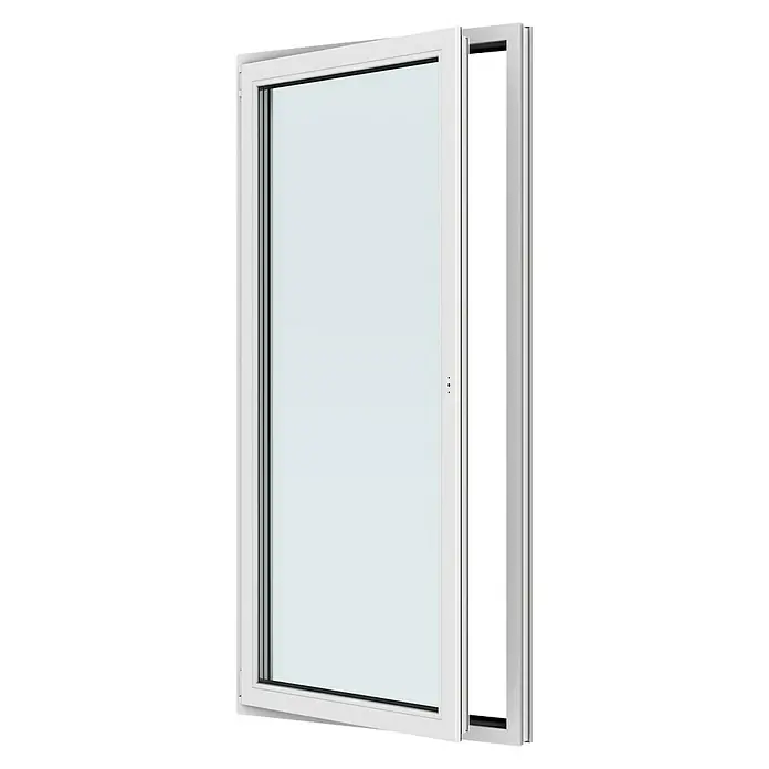 Solid Elements Balkontür New Basic - 100 x 200 cm, Verglasung: 3-fach, DIN Anschlag: Links, Weiß - Nahaufnahme eines modernen, weißen Schiebefensters, das teilweise geöffnet ist und einen klaren Blick nach draußen bietet.