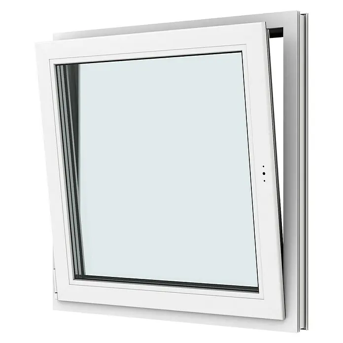 Solid Elements Kunststofffenster New Basic - 90 x 90 cm, Verglasung: 3-fach, DIN Anschlag: Links, Weiß - Ein weißes Kippfenster mit klarem Glas ist im geöffneten Zustand dargestellt.