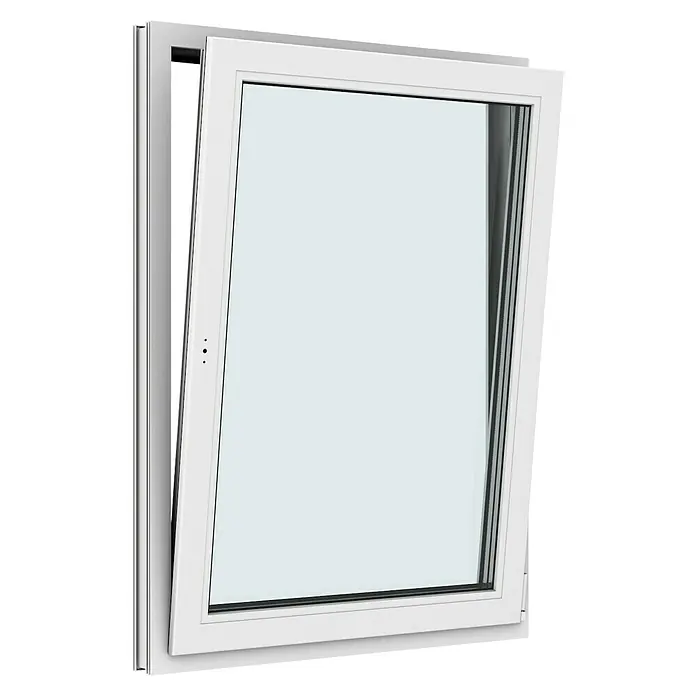 Solid Elements Kunststofffenster New Basic - 90 x 120 cm, Verglasung: 3-fach, DIN Anschlag: Rechts, Weiß - Ein weißes Dreh-Kipp-Fenster im geöffneten Zustand. Perfekt für moderne Architektur und gute Belüftung.