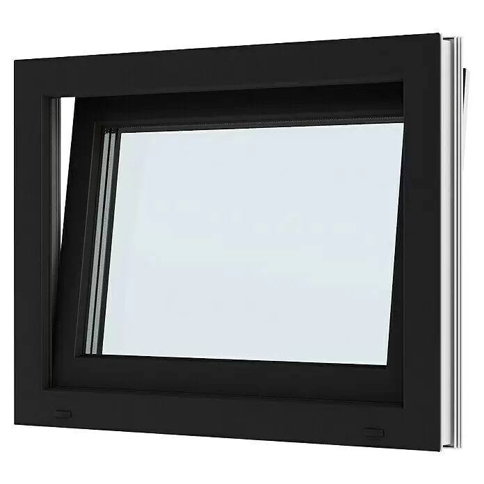 Solid Elements Kunststofffenster Basic - 80 x 60 cm, Verglasung: 3-fach, DIN Anschlag: Links, Außen: Anthrazit Sandstruktur, Innen: Weiß - Schwarzes Kippfenster, oben leicht geöffnet, mit dunklem Innenrahmen und Klarglas.