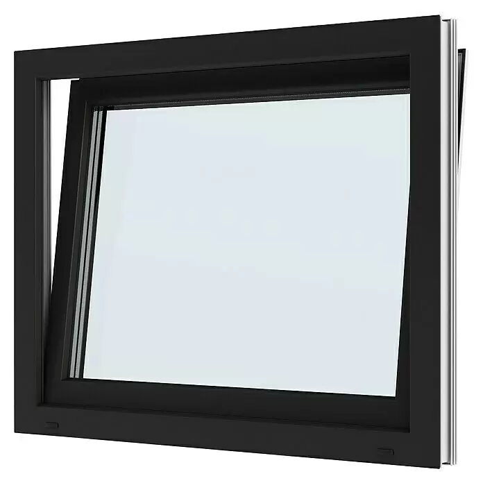 Solid Elements Kunststofffenster Basic - 100 x 80 cm, Verglasung: 3-fach, DIN Anschlag: Links, Außen: Anthrazit Sandstruktur, Innen: Weiß - Schwarzes Fenster mit nach innen gekipptem Dreh-Kipp-Flügel, oben leicht geöffnet.