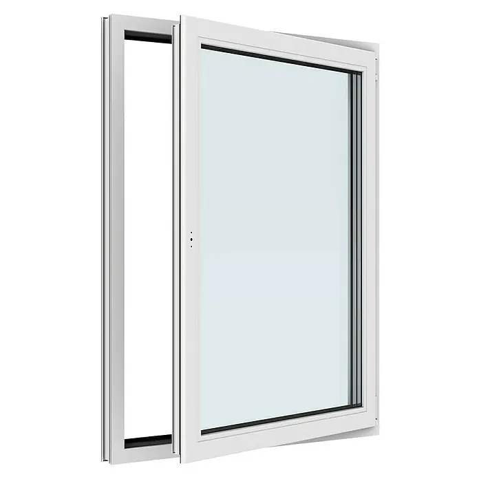 Solid Elements Kunststofffenster New Basic - 105 x 135 cm, Verglasung: 3-fach, DIN Anschlag: Rechts, Weiß - Fenster mit weißem Rahmen und schwarzem Rand, geöffnet. Das moderne Design sorgt für einen hellen Raum und gute Belüftung.
