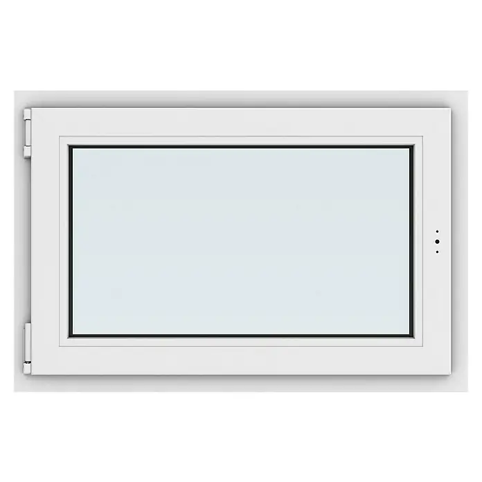 Solid Elements Kunststofffenster New Basic - 90 x 60 cm, Verglasung: 3-fach, DIN Anschlag: Links, Weiß - Aufnahme eines rechteckigen Fensters mit einem schmalen schwarzen Rahmen, eingebettet in einen breiteren weißen Rahmen vor einem dunklen Hintergrund.