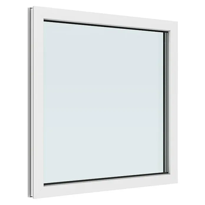 Solid Elements Kunststofffenster New Basic Festverglasung - 100 x 100 cm, Verglasung: 3-fach, Weiß - Ein isoliertes Bild eines modernen weißen Fensters mit klaren Linien und einem minimalistischen Design, das für Helligkeit und Stil sorgt.