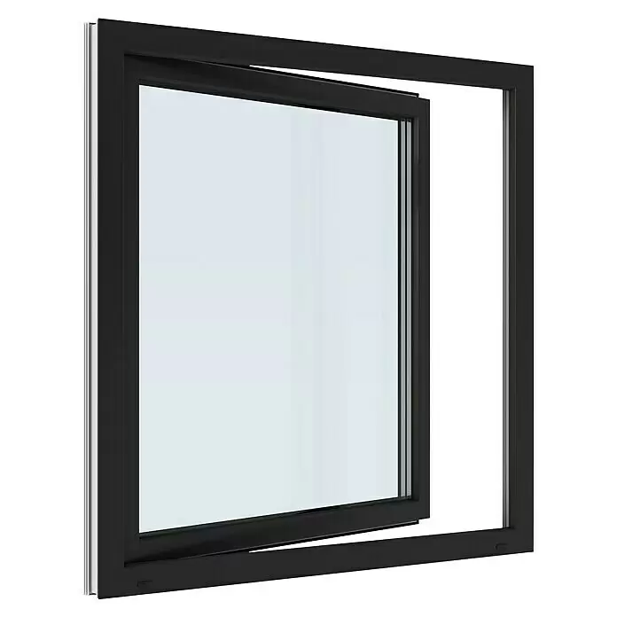 Solid Elements Kunststofffenster Basic - 120 x 120 cm, Verglasung: 3-fach, DIN Anschlag: Rechts, Außen: Anthrazit Sandstruktur, Innen: Weiß - Schwarzes Dreh-Kipp-Fenster, teilweise geöffnet.