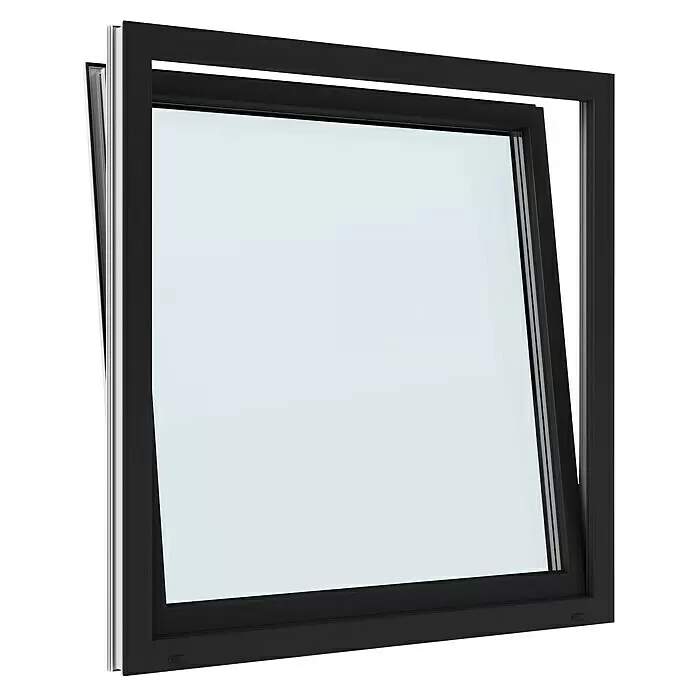 Solid Elements Kunststofffenster Basic - 120 x 120 cm, Verglasung: 3-fach, DIN Anschlag: Rechts, Außen: Anthrazit Sandstruktur, Innen: Weiß - Ein schwarzes Kipp-Dreh-Fenster, teilweise geöffnet und zum Lüften nach innen gekippt.