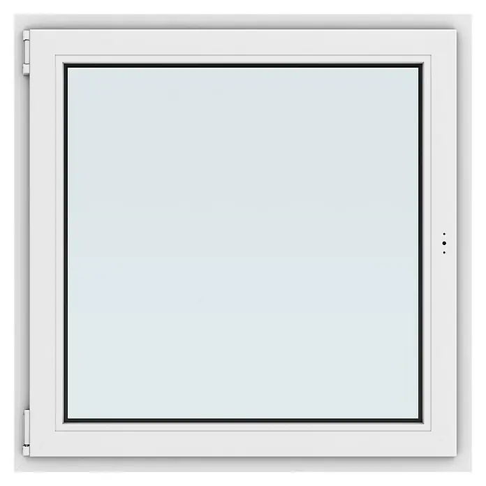 Solid Elements Kunststofffenster New Basic - 100 x 100 cm, Verglasung: 3-fach, DIN Anschlag: Links, Weiß - Nahaufnahme eines weißen quadratischen Fensters. Das Fenster ist schlicht und modern gestaltet und bietet einen klaren Blick nach draußen.