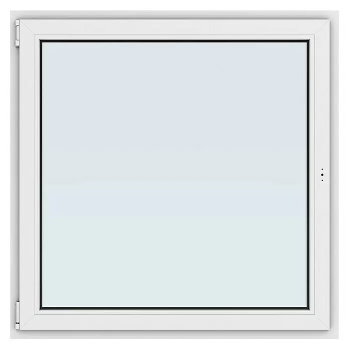 Solid Elements Kunststofffenster Basic - 120 x 120 cm, Verglasung: 3-fach, DIN Anschlag: Links, Außen: Anthrazit Sandstruktur, Innen: Weiß - Quadratisches weißes Fenster mit hellblauer Glasscheibe und Scharnieren.