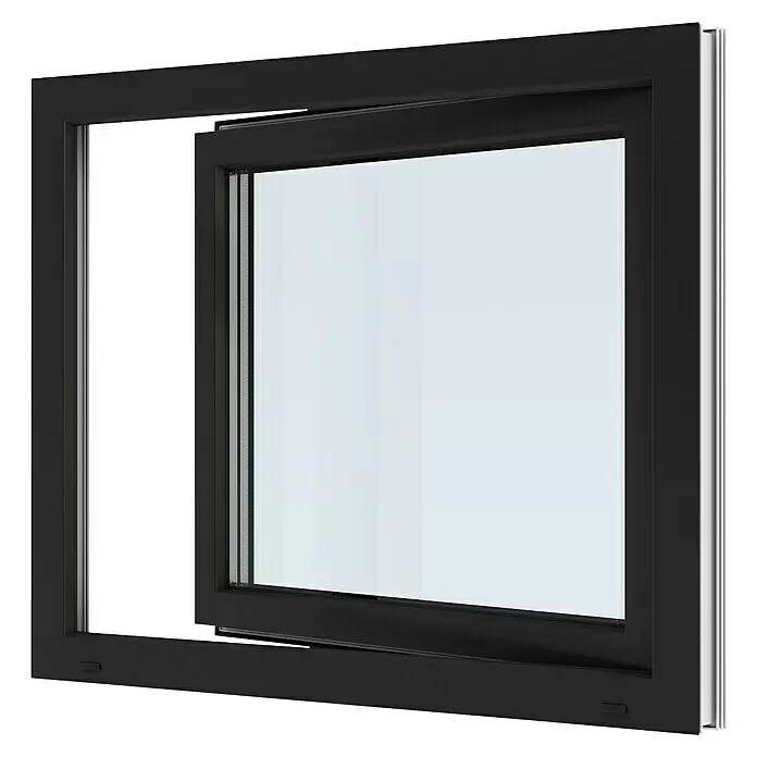 Solid Elements Kunststofffenster Basic - 100 x 80 cm, Verglasung: 3-fach, DIN Anschlag: Links, Außen: Anthrazit Sandstruktur, Innen: Weiß - Modernes schwarzes Fenster, teilweise geöffnet mit Dreh-Kipp-Funktion, mit Klarglas.
