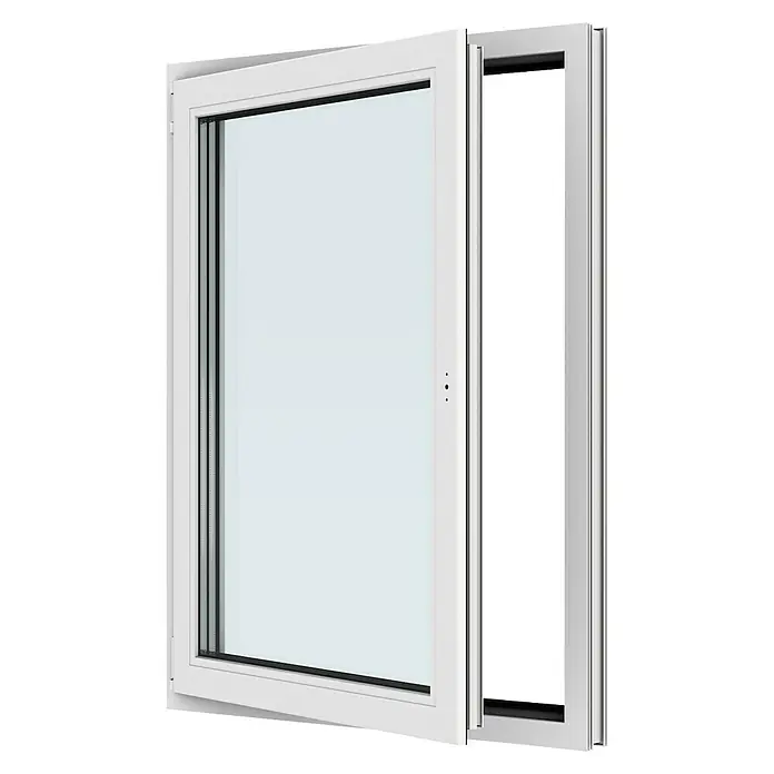 Solid Elements Kunststofffenster New Basic - 90 x 120 cm, Verglasung: 3-fach, DIN Anschlag: Links, Weiß - Fenster: Ein weißes Schiebefenster, halb geöffnet, mit schwarzem Rahmen, präsentiert ein modernes Design und ermöglicht eine einfache Belüftung.