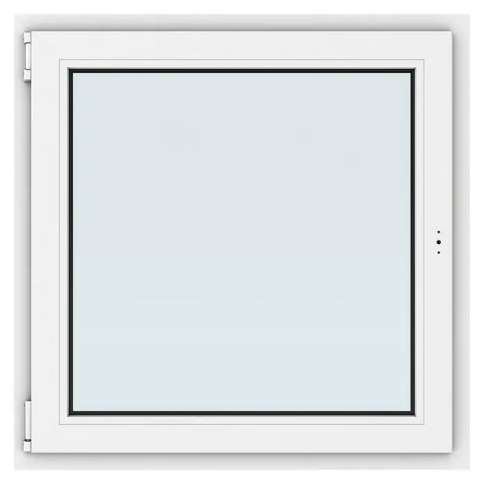 Solid Elements Kunststofffenster New Basic - 90 x 90 cm, Verglasung: 3-fach, DIN Anschlag: Links, Weiß - Ein quadratisches, weißes Fenster mit einem schmalen schwarzen Rahmen, das viel Tageslicht hereinlässt.