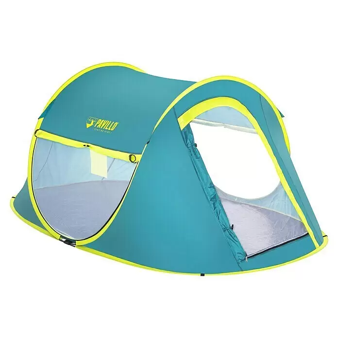 Bestway Pavillo Wurfzelt - L x B x H: 235 x 145 x 100 cm, Türkis, Max. Personenzahl: 2 - Türkises und gelbes Pop-up-Zelt mit Netzfenstern, bereit für den Outdoor-Einsatz.