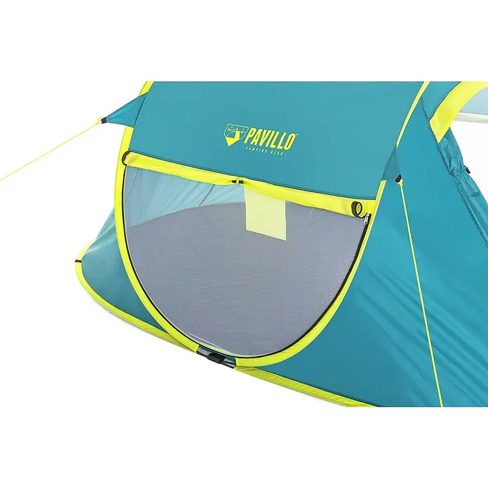 Bestway Pavillo Wurfzelt - L x B x H: 235 x 145 x 100 cm, Türkis, Max. Personenzahl: 2 - Nahaufnahme eines Pavillo Campingzelts mit Mesh-Fenster und gelbem Rand, ideal für Outdoor-Abenteuer.