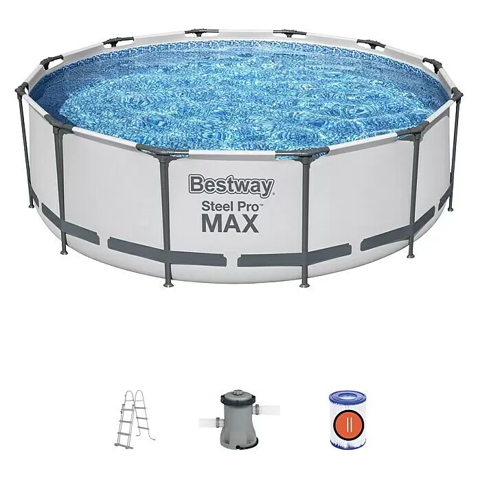 Bestway Frame-Pool Steel Pro Max - Ø x H: 366 x 100 cm, Lichtgrau, 9.150 l - Bestway Steel Pro MAX Aufstellpool mit blauem Wasser, Leiter, Filterpumpe und Filterkartusche.