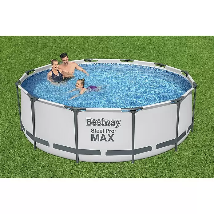 Bestway Frame-Pool Steel Pro Max - Ø x H: 366 x 100 cm, Lichtgrau, 9.150 l - Bestway Steel Pro MAX Aufstellpool mit weißen Seitenwänden und grauem Rahmen, gefüllt mit blauem Wasser, in dem eine Familie schwimmt.