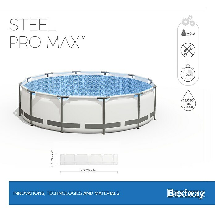 Bestway Opzetzwembad Steel Pro Max Set 427x107 (Ø x h: 427 x 107 cm, Grijs, 13.030 l) | BAUHAUS