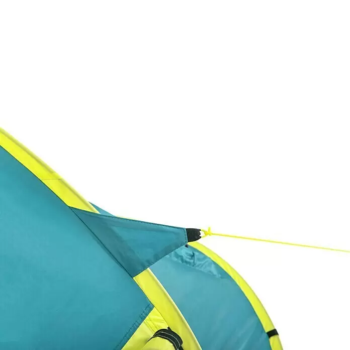 Bestway Pavillo Wurfzelt - L x B x H: 235 x 145 x 100 cm, Türkis, Max. Personenzahl: 2 - Nahaufnahme eines türkisblauen Zeltes mit gelbem Besatz und einer befestigten gelben Abspannleine.
