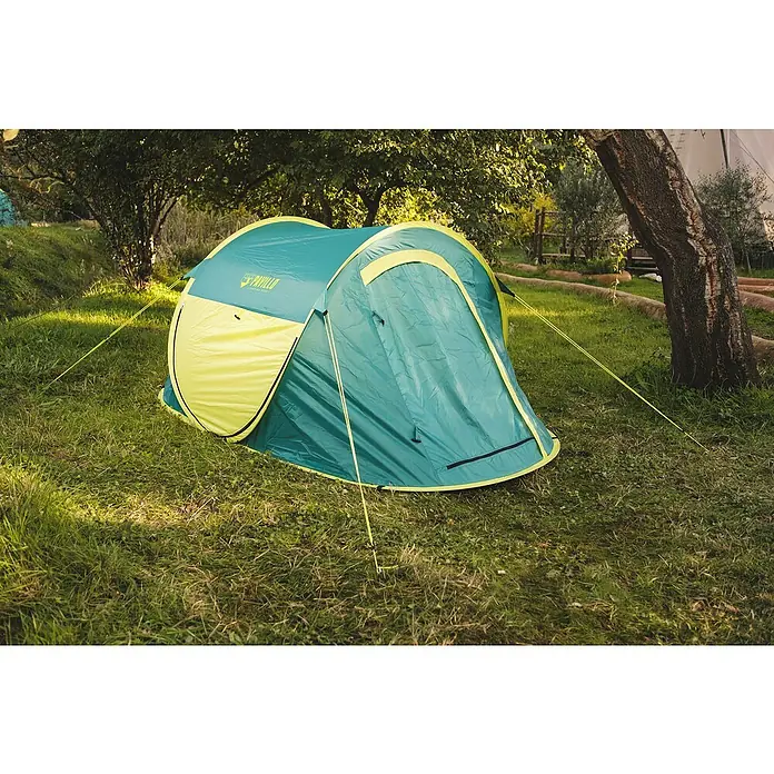 Bestway Pavillo Wurfzelt - L x B x H: 235 x 145 x 100 cm, Türkis, Max. Personenzahl: 2 - Das Bild zeigt ein grünes und gelbes Pavillo Zelt auf einer Wiese, ideal für Campingausflüge. Es bietet Schutz und Komfort in der Natur.