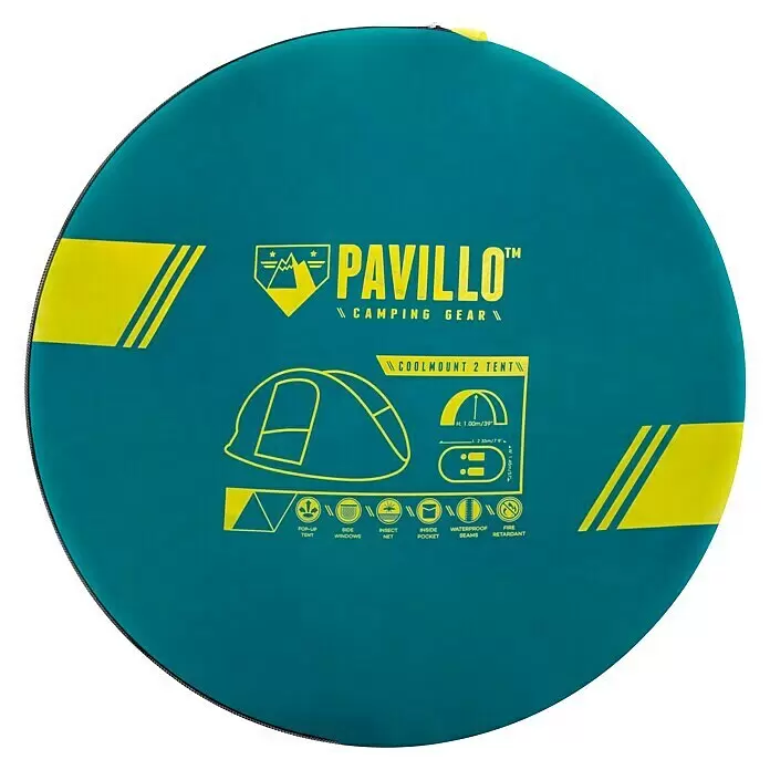 Bestway Pavillo Wurfzelt - L x B x H: 235 x 145 x 100 cm, Türkis, Max. Personenzahl: 2 - Rundes, türkisblaues Pavillo Coolmount 2 Zeltpaket mit gelbem Branding und Symbolen für Zeltmerkmale.