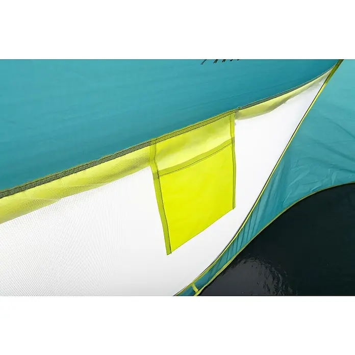 Bestway Pavillo Wurfzelt - L x B x H: 235 x 145 x 100 cm, Türkis, Max. Personenzahl: 2 - Detailansicht eines Zeltfensters mit Moskitonetz und einer gelben Aufbewahrungstasche. Ideal für Campingausflüge.