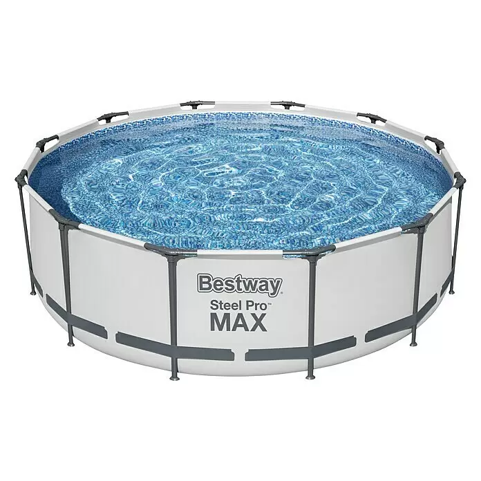 Bestway Frame-Pool Steel Pro Max - Ø x H: 366 x 100 cm, Lichtgrau, 9.150 l - Rundes Bestway Steel Pro Max Aufstellbecken mit weißen Wänden, grauem Stahlrahmen und blau gemustertem, wassergefülltem Inneren.