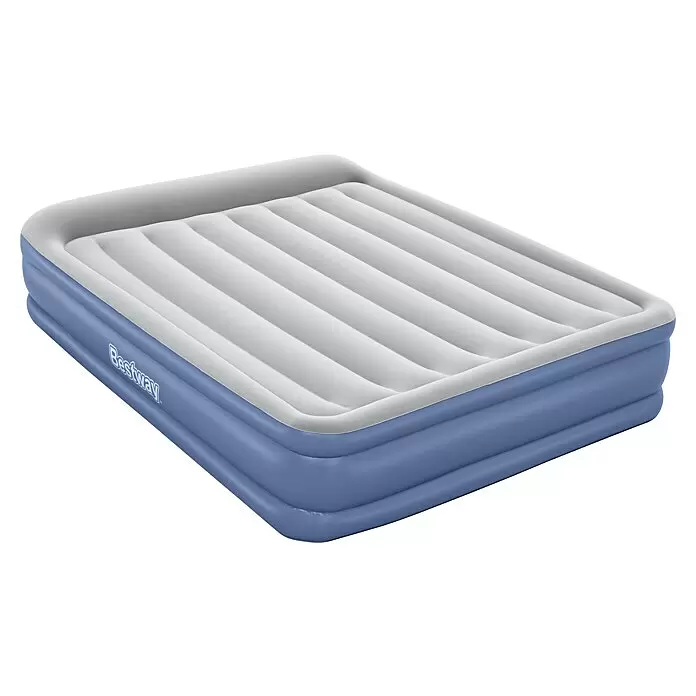 Bestway Luftbett Vento - L x B x H: 203 x 152 x 46 cm, Integrierte Luftpumpe - Blaues aufblasbares Luftbett mit einer beflockten grauen Liegefläche.