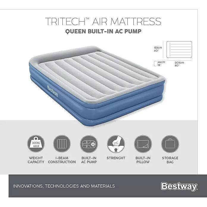 Bestway Luftbett Vento - L x B x H: 203 x 152 x 46 cm, Integrierte Luftpumpe - Bestway Tritech Queen Luftmatratze mit eingebauter Wechselstrompumpe, blau und grau. Mit integriertem Kissen und I-Träger-Konstruktion.