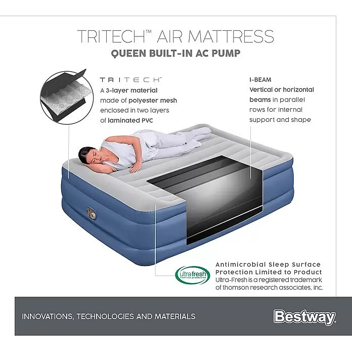 Bestway Luftbett Vento - L x B x H: 203 x 152 x 56 cm, Integrierte Luftpumpe - Informationsansicht