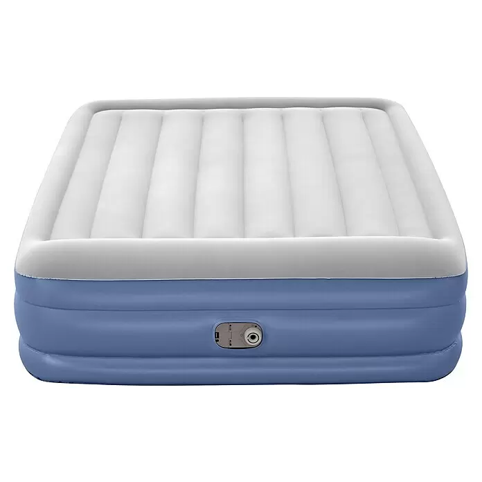 Bestway Luftbett Vento - L x B x H: 203 x 152 x 46 cm, Integrierte Luftpumpe - Blau-weißes aufblasbares Luftbett mit integrierter Pumpe/Ventil an der Seite.