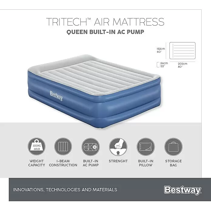 Bestway Luftbett Vento - L x B x H: 203 x 152 x 56 cm, Integrierte Luftpumpe - Informationsansicht