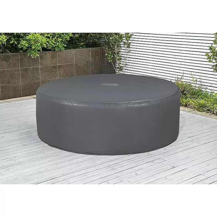 Bestway Lay-Z-Spa Pool-Abdeckplane - Passend für: Runde Whirlpools bis Ø x H: 196 x 71 cm - Dunkelgraue runde aufblasbare Whirlpool-Abdeckung auf einer Holzterrasse.