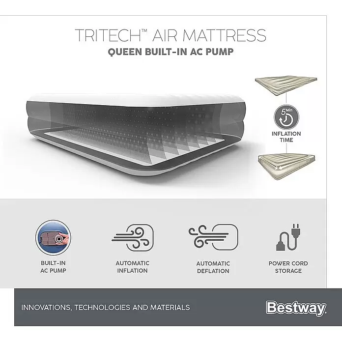 Bestway Luftbett Vento - L x B x H: 203 x 152 x 56 cm, Integrierte Luftpumpe - Informationsansicht