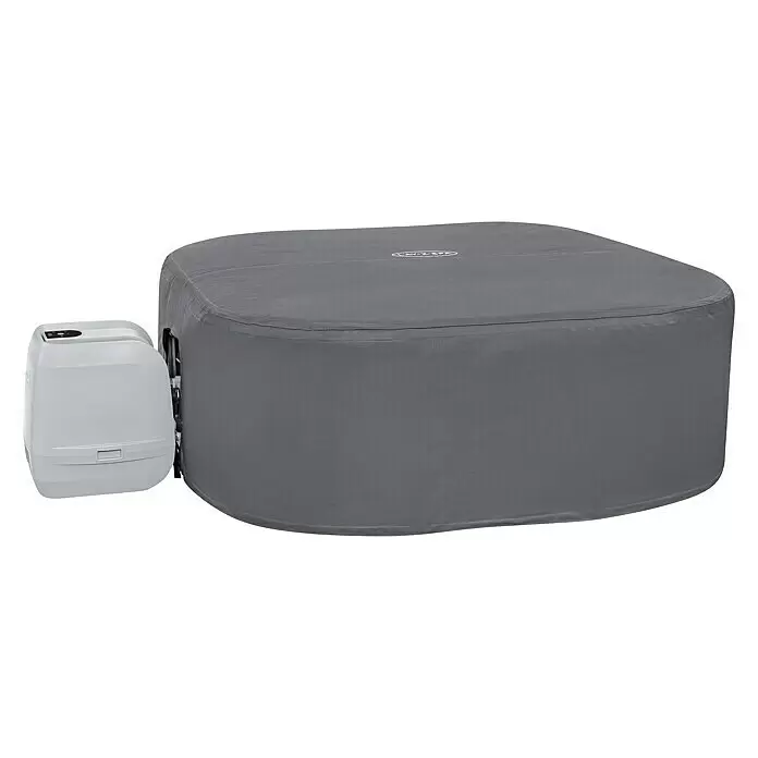 Bestway Lay-Z-Spa Pool-Abdeckplane - Passend für: Quadratische Whirlpools bis L x B x H: 180 x 180 x 71 cm, L x B x H: 180 x 180 x 71 cm - Grauer aufblasbarer Whirlpool mit weißer externer Pumpeinheit, schräg von vorne gesehen.