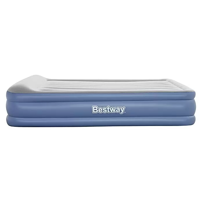 Bestway Luftbett Vento - L x B x H: 203 x 152 x 46 cm, Integrierte Luftpumpe - Bestway aufblasbare Luftmatratze mit blauem Unterteil und gerippter grauer Oberseite.