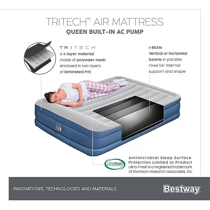 Bestway Luftbett Vento - L x B x H: 203 x 152 x 46 cm, Integrierte Luftpumpe - Blau-graue Queen Luftmatratze mit Tritech-Material, I-Beam Innenstützen, integrierter AC-Pumpe und Ultra-Fresh antimikrobieller Oberfläche.