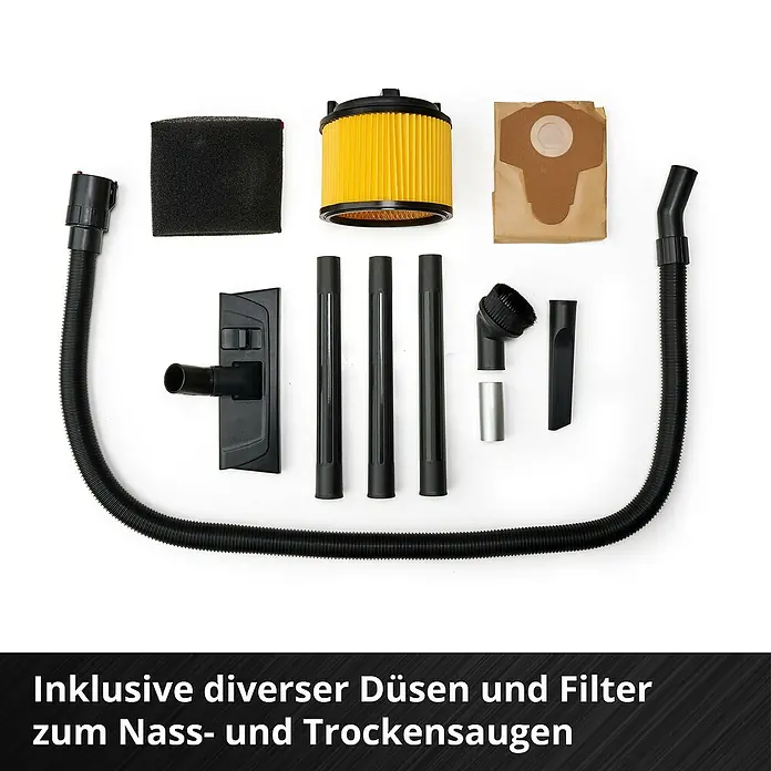 Einhell Power X-Change 18V Akku-Nass-Trockensauger TC-VC 18/20 Li-Solo - 18 V, Ohne Akku, Behältervolumen: 20 l - Staubsauger-Zubehörset mit verschiedenen Düsen, Filtern und Rohren für Nass- und Trockensaugen.