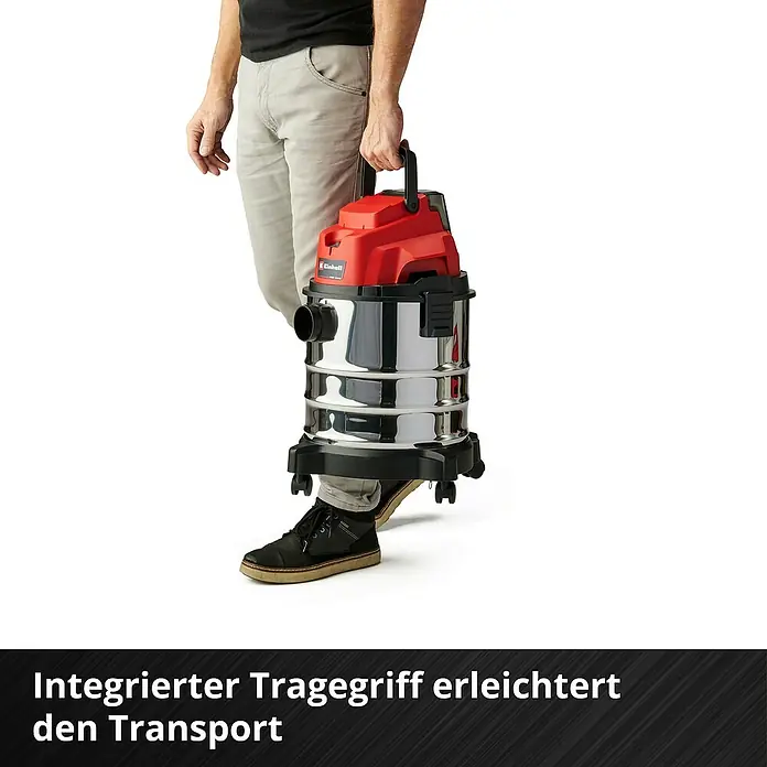 Einhell Power X-Change 18V Akku-Nass-Trockensauger TC-VC 18/20 Li-Solo - 18 V, Ohne Akku, Behältervolumen: 20 l - Der Einhell Nass-Trockensauger wird am integrierten Tragegriff getragen und erleichtert den Transport.