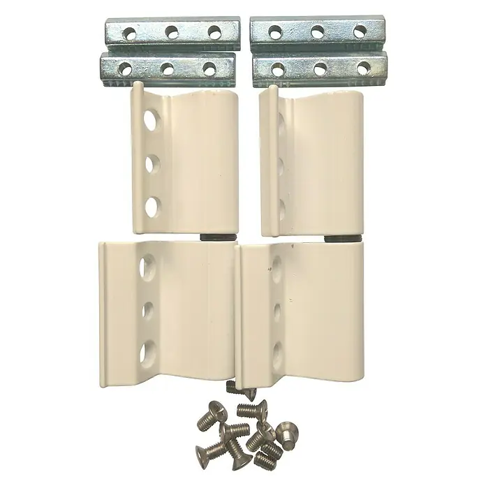 Bisagra Europea - 100 x 48 x 20 mm, Blanco, 2 ud. - Primer plano de herrajes para cercas de lamas, incluyendo bisagras, placas de montaje y tornillos, garantizando una fácil instalación y durabilidad.