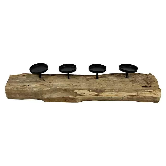 Adventskranz Baumstamm - Braun, Holz - Rustikaler Kerzenhalter aus Holzscheit mit vier schwarzen Teelichteinsätzen aus Metall.